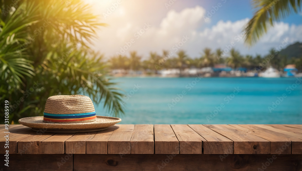 Obraz premium Straw hat and lounge chairs by a luxury swimming pool on a tropical beach resort