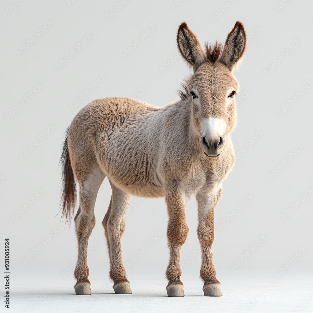 Obraz premium Portrait of a donkey full body standing front view 500 animal, deer, donkey, mammal, nature, wildlife, horse, wild, brown, baby, farm, animals, isolated, doe, grass, head, mule, antelope, foal, fawn,