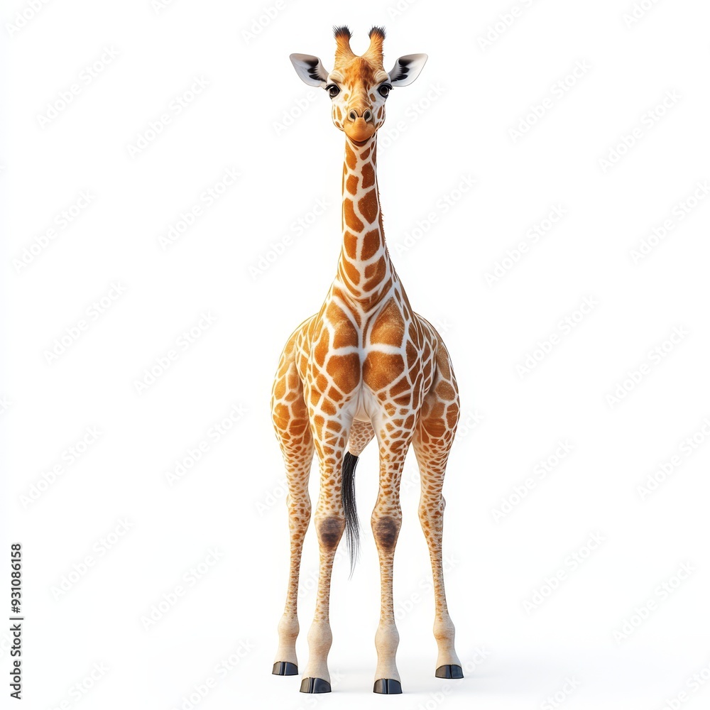Obraz premium Portrait of a giraffe full body standing front vie 490 giraffe, animal, isolated, mammal, white, neck, wild, zoo, wildlife, tall, safari, brown, long, nature, standing, head, young, white background,