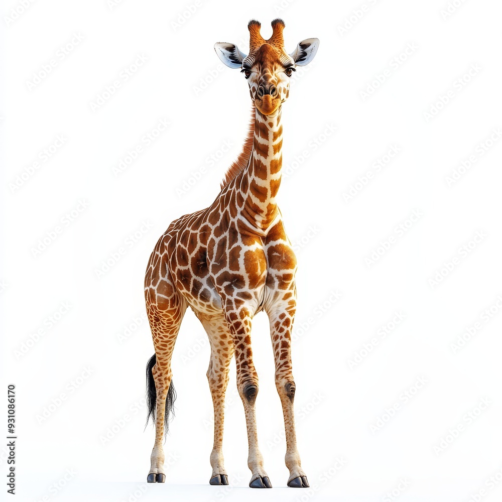 Obraz premium Portrait of a giraffe full body standing front vie 491 giraffe, animal, isolated, mammal, white, wild, wildlife, neck, tall, zoo, safari, nature, brown, long, standing, young, profile, high, camelopa