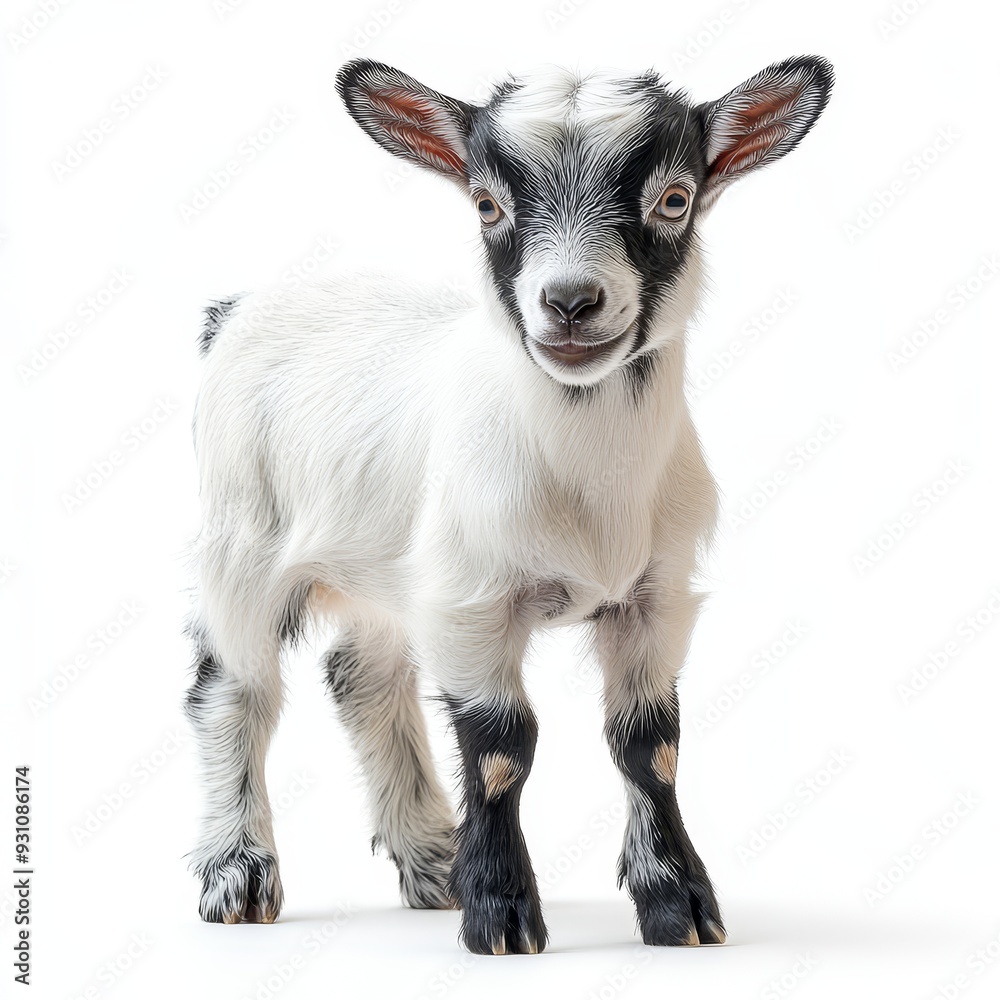 Naklejka premium Portrait of a goat full body standing front view i 486 goat, animal, farm, mammal, nature, livestock, agriculture, grass, animals, isolated, white, domestic, brown, fur, horns, horn, rural, kid, shee