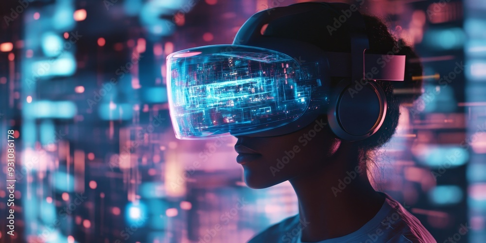 Close-up of a user wearing a futuristic VR headset, exploring advanced architectural designs with immersive environments and holographic projections Close-up of a user wearing a futuristic VR headset, exploring advanced architectural designs with immersive environments and holographic projections