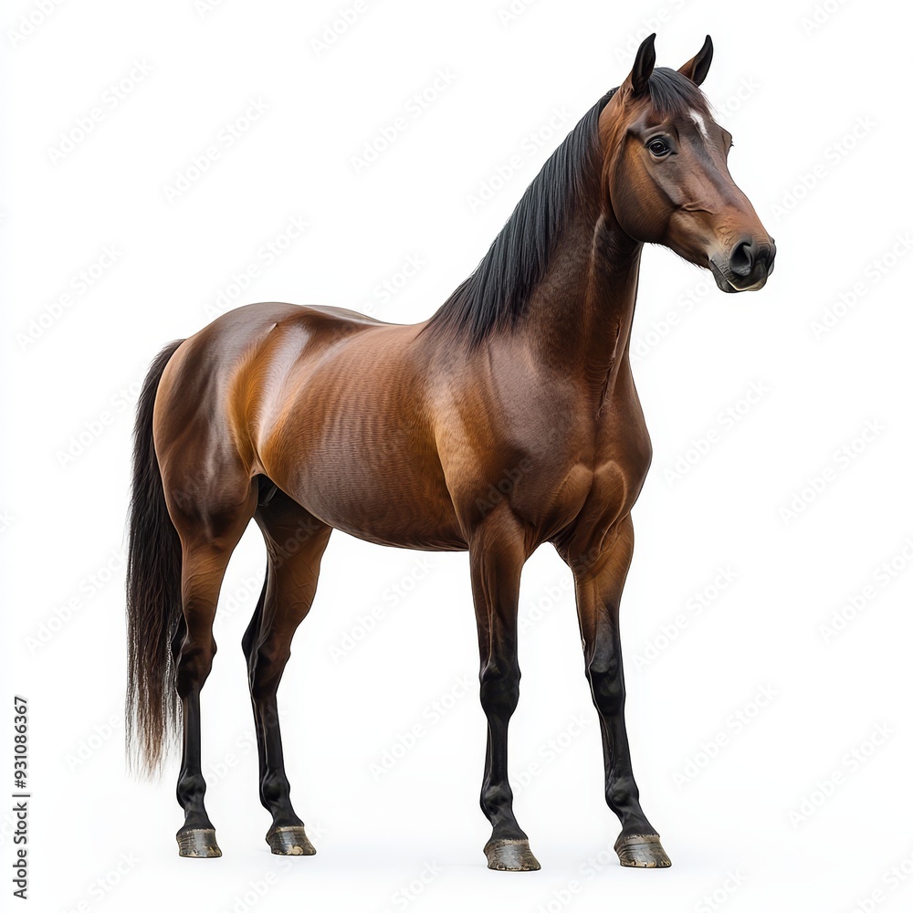 Obraz premium Portrait of a horse full body standing front view 467 horse, animal, brown, farm, isolated, foal, stallion, white, mammal, mare, nature, grass, horses, equine, pasture, mane, field, portrait, chestn