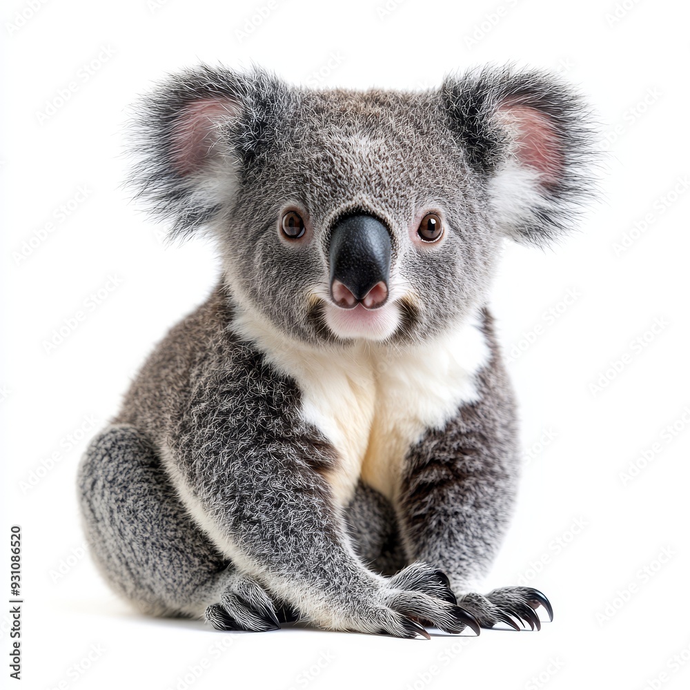 Naklejka premium Portrait of a koala full body standing front view 458 koala, australia, animal, bear, marsupial, wildlife, tree, nature, mammal, eucalyptus, wild, zoo, australian, fur, cute, baby, branch, phascolar