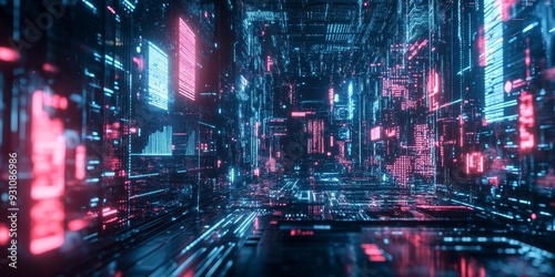 A conceptual image of AI, featuring neon-lit circuits, holographic data streams, and cyberpunk design elements in a high-tech lab