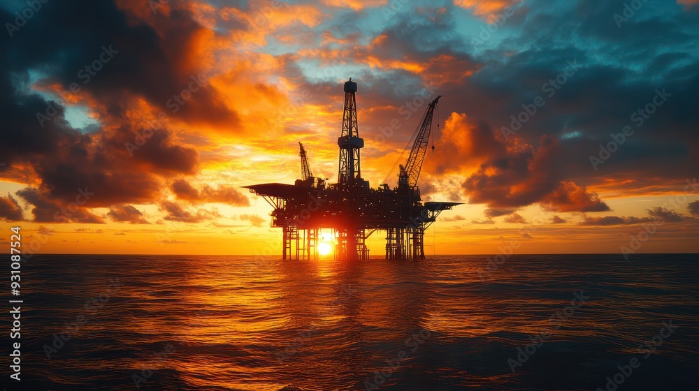 A large oil rig is floating in the ocean at sunset A large oil rig is floating in the ocean at sunset
