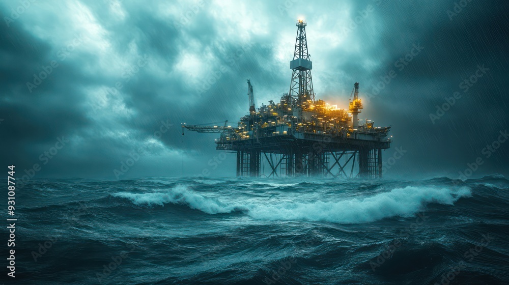 A large oil rig is in the middle of a stormy sea