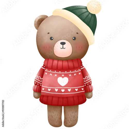 A brown teddy bear wearing a red shirt and a green hat poses in a borrowed pose on Christmas day.