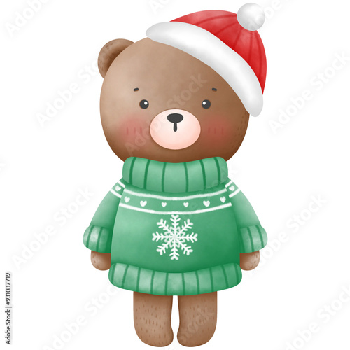 Teddy bear wearing a green sweater on Christmas Day,christmas Bear,santa bear,christmas cartoon bear,christmas teddy bear,watercolor bear doll,cute bear christmas,bear,teddy bear christmas gift,christ