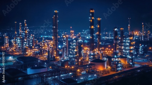 Wallpaper Mural Oil refinery at night, with lights illuminating the complex network of pipes and towers, highlighting industrial energy production. Torontodigital.ca