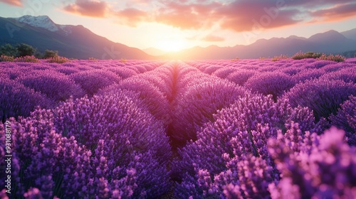 A field of lavender sways gently in the breeze, the calming hues stretching into the distance.