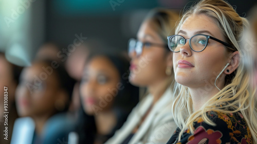 Students and businesswomen attentively listen to lecturers during company information sessions, study sessions, presentations, training sessions, and seminars. 