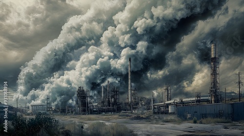 50. A dramatic scene of toxic gas clouds billowing from a malfunctioning industrial plant