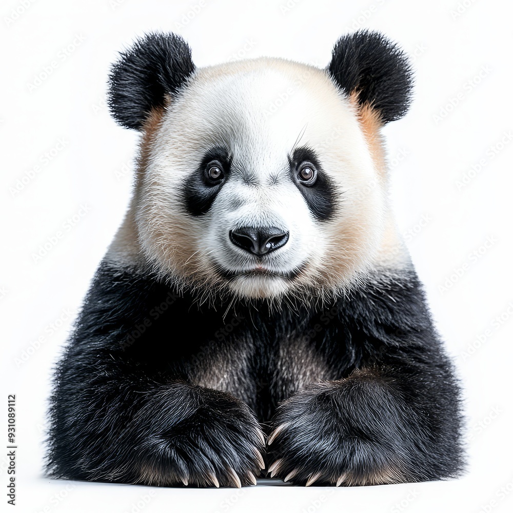 Fototapeta premium Portrait of a panda full body standing front view 437 raccoon, animal, mammal, wildlife, ferret, isolated, nature, white background, wild, fur, red panda, front view, panda, polecat, isolated on whi