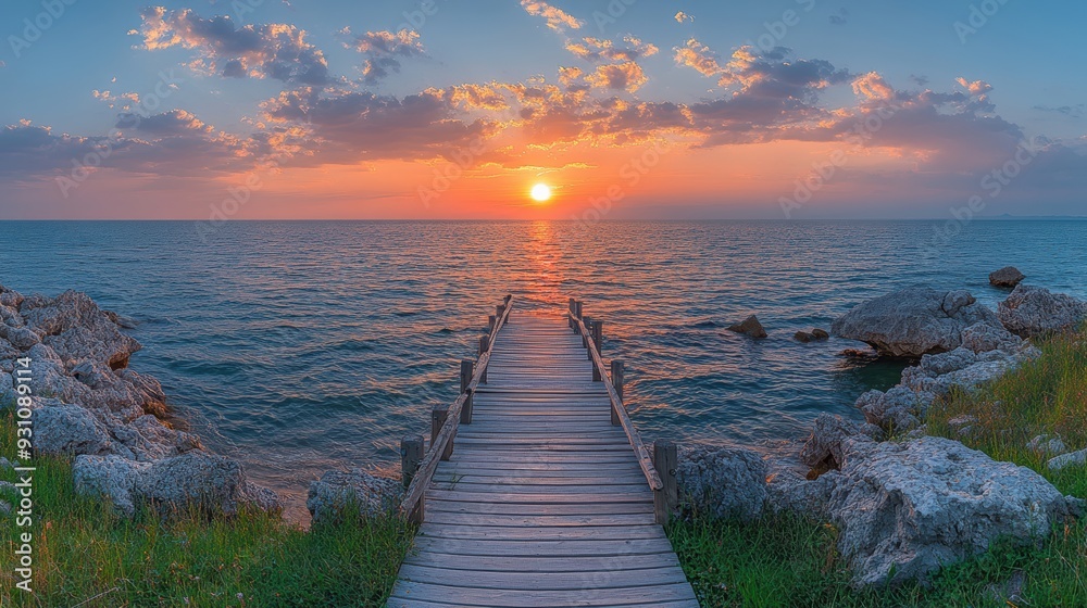 Fototapeta premium Wooden Pier Leading to Sunset Over Ocean with Rocks