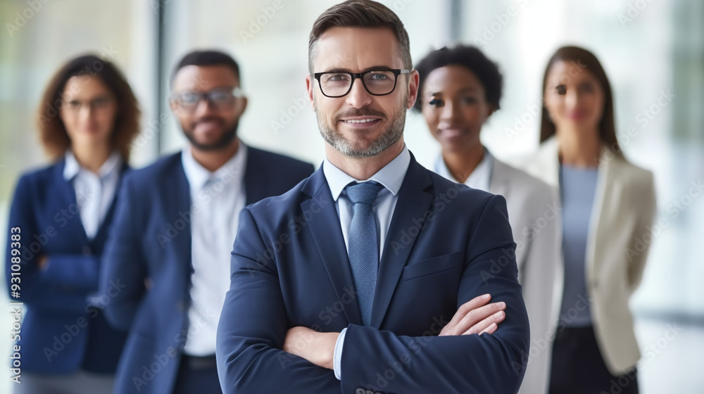 A group of businesspeople standing in front, smiling and looking at the camera. A group of businesspeople standing in front, smiling and looking at the camera.
