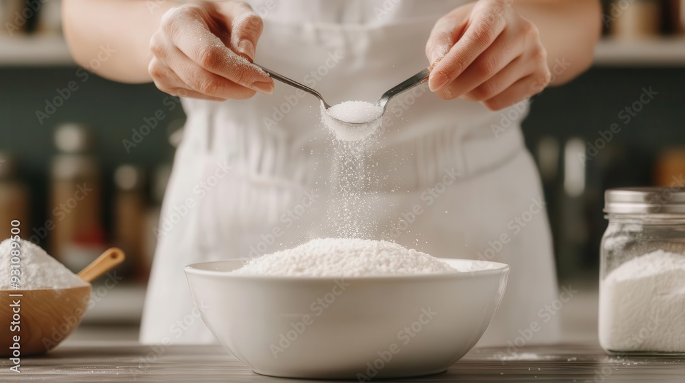 A person measures sugar using two spoons, preparing to add it to a bowl of white powder in a cozy kitchen setting. A person measures sugar using two spoons, preparing to add it to a bowl of white powder in a cozy kitchen setting.