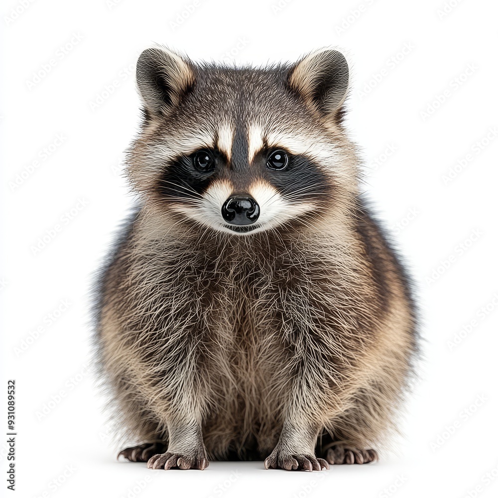 Portrait of a raccoon full body standing front vie  414 raccoon, animal, mammal, ferret, wildlife, isolated, white background, nature, wild, polecat, fur, front view, pet, isolated on white, white, br