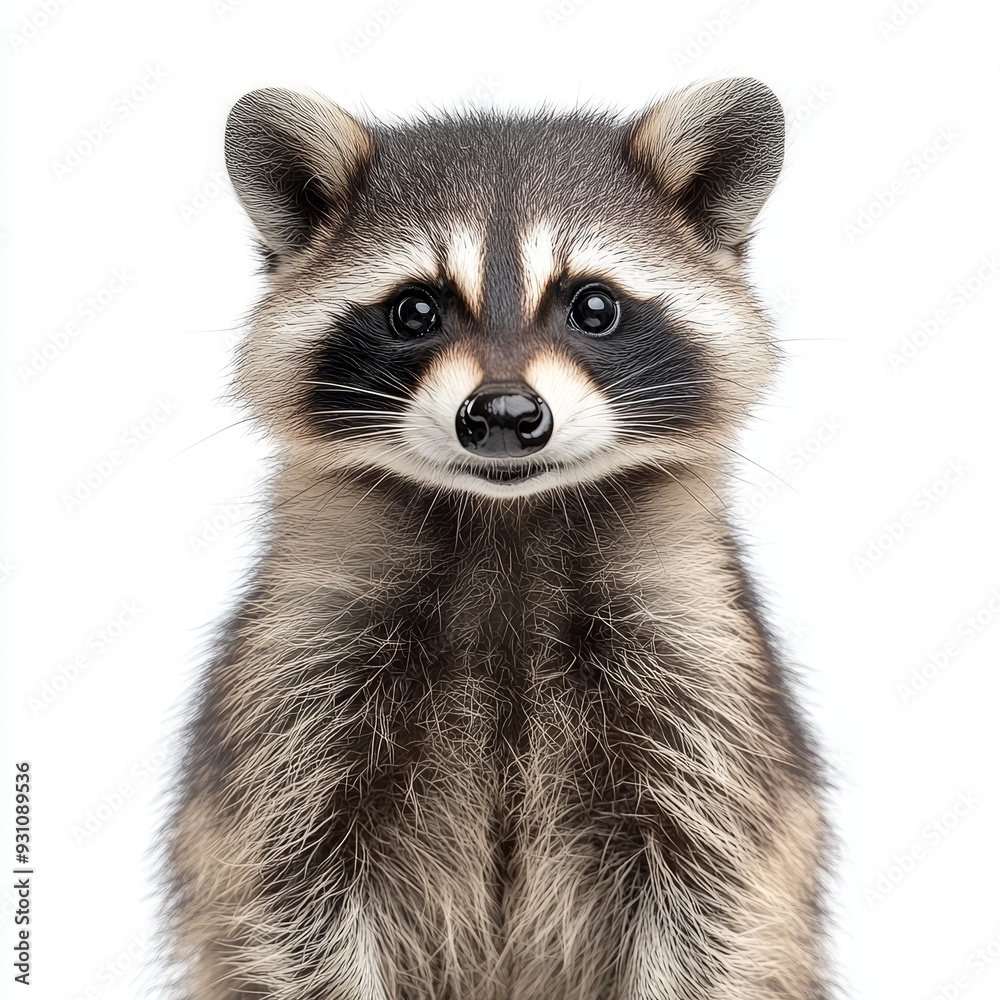 Obraz premium Portrait of a raccoon full body standing front vie 415 raccoon, animal, mammal, ferret, wildlife, isolated, white background, nature, wild, polecat, fur, isolated on white, pet, front view, white, br