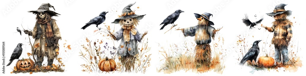 Obraz premium Autumn-themed illustrations featuring whimsical scarecrows with crows perched on their arms, surrounded by pumpkins and fall foliage