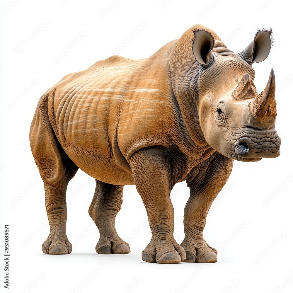 Obraz premium Portrait of a rhinoceros full body standing front 410 rhinoceros, rhino, animal, mammal, white, wildlife, isolated, horn, wild, zoo, nature, safari, dangerous, big, large, endangered, horned, white 