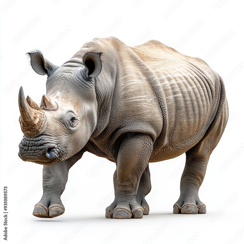 Obraz premium Portrait of a rhinoceros full body standing front 409 rhinoceros, rhino, animal, mammal, white, wildlife, isolated, horn, wild, zoo, safari, nature, dangerous, big, large, horned, endangered, white 