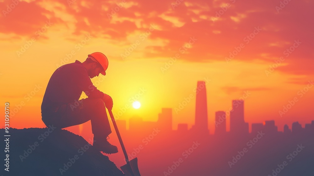 A hard-working laborer silhouetted against a vibrant sunset, symbolizing dedication and perseverance in the construction industry. A hard-working laborer silhouetted against a vibrant sunset, symbolizing dedication and perseverance in the construction industry.