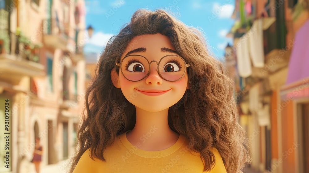 A joyful young woman with curly hair and glasses smiles brightly in a colorful street scene, capturing a moment of happiness. A joyful young woman with curly hair and glasses smiles brightly in a colorful street scene, capturing a moment of happiness.