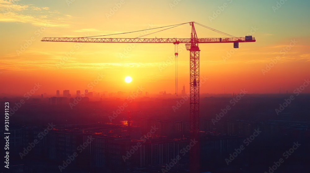 A crane is silhouetted against a beautiful sunset A crane is silhouetted against a beautiful sunset