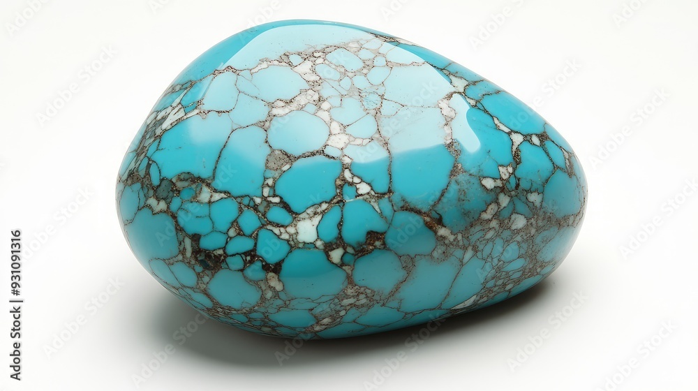 A polished turquoise stone, centered on a white background, highlighting its smooth texture and unique color patterns. A polished turquoise stone, centered on a white background, highlighting its smooth texture and unique color patterns.