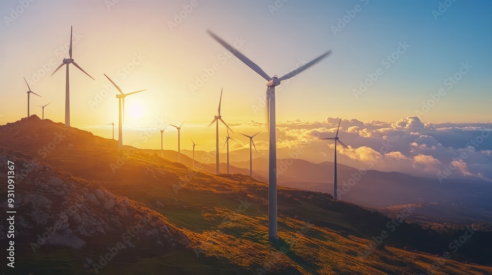 Fototapeta premium A group of wind turbines are on a hillside