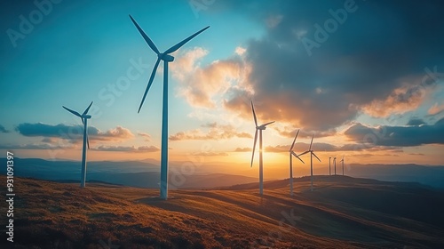 A group of wind turbines are on a hillside