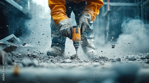 A Worker drilling into concrete, with dust and debris flying, showcasing the physical demands of construction.