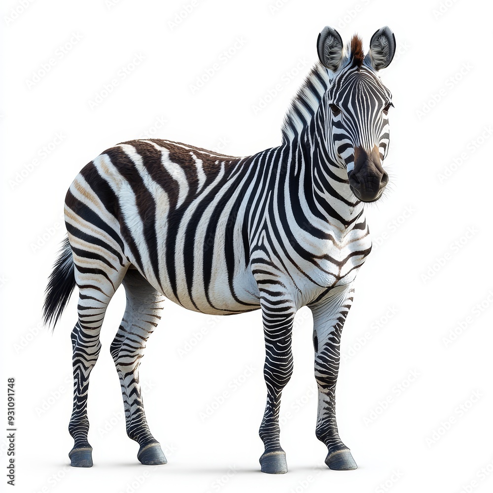 Fototapeta premium Portrait of a zebra full body standing front view 376 zebra, animal, mammal, wild, black, isolated, white, wildlife, safari, zoo, horse, nature, striped, stripes, animals, savanna, fauna, vector, gr