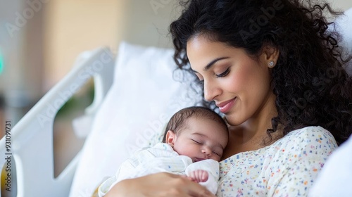 Content Indian Mother Gently Holding Her Newborn Baby