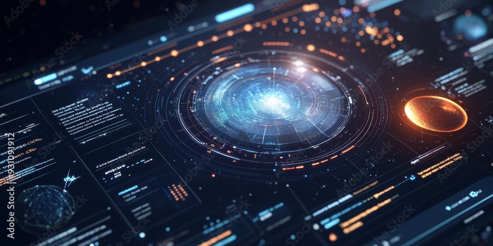 Obraz premium Modern space exploration app interface, showcasing responsive holographic elements, orbit trackers, and celestial data overlays