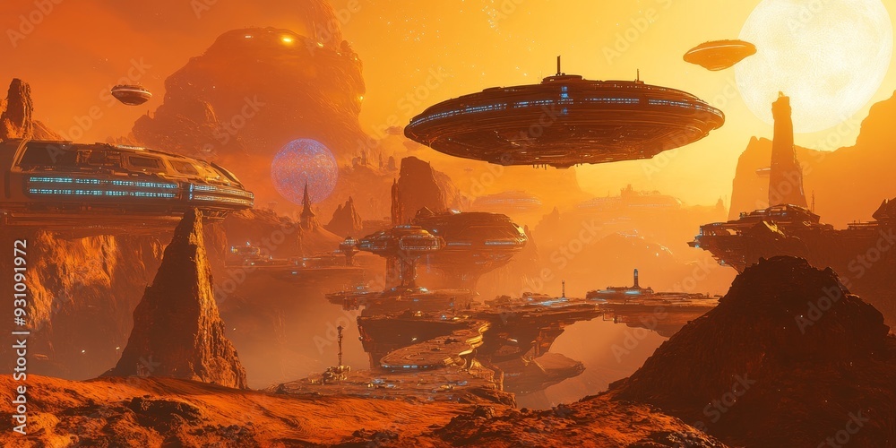 Close-up of a futuristic city on an alien planet, with bioluminescent structures, hovering vehicles, and glowing energy fields under a vibrant sky Close-up of a futuristic city on an alien planet, with bioluminescent structures, hovering vehicles, and glowing energy fields under a vibrant sky