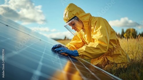 A Worker in protective gear inspecting a solar panel during maintnance, focusing on the efficiency of renewable energy. photo