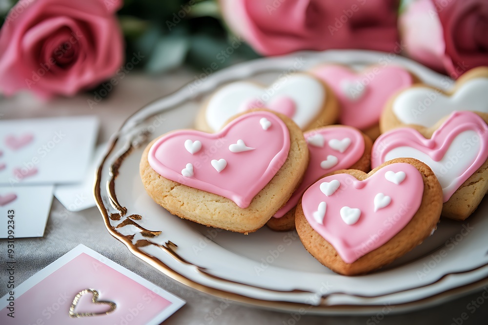 Plate of tasty heart shaped cookies and rose flower, closeup. Valentine's Day celebration Plate of tasty heart shaped cookies and rose flower, closeup. Valentine's Day celebration