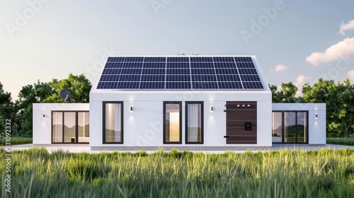 Solar-powered smart home with voice-controlled environments, reflecting the intersection of sustainability and advanced technology, sci-fi, solar energy, sustainability