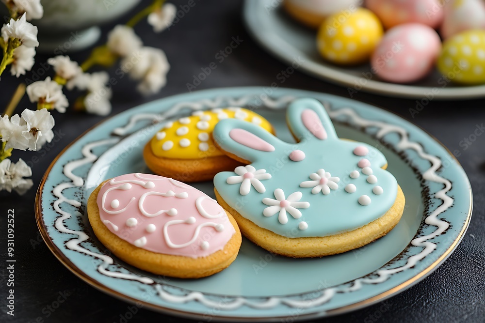 Easter banner on a pastel background. Homemade gingerbread cookies on a blue plate, Easter eggs and cookies in the shape of a rabbit. Easter concept. Easter banner on a pastel background. Homemade gingerbread cookies on a blue plate, Easter eggs and cookies in the shape of a rabbit. Easter concept.