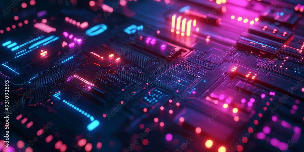 Close-up of a machine learning interface with neon-lit circuits, advanced data processing, and a dark, cyberpunk aesthetic Close-up of a machine learning interface with neon-lit circuits, advanced data processing, and a dark, cyberpunk aesthetic