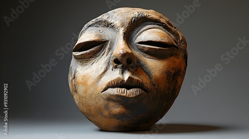 Sculpted earthenware vase, exaggerated facial features, handcrafted clay, earthy tones, traditional pottery art