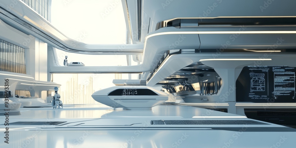 Close-up of modern design elements in a futuristic building, featuring robotic integration, AI systems, and sleek architectural aesthetics Close-up of modern design elements in a futuristic building, featuring robotic integration, AI systems, and sleek architectural aesthetics