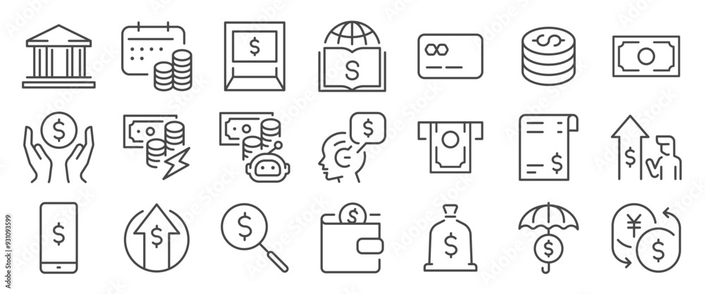 Financial icon set. It includes finance, money, cash, coin, credit, and more icons. Editable Vector Stroke.
Financial icon set. It includes finance, money, cash, coin, credit, and more icons. Editable Vector Stroke.