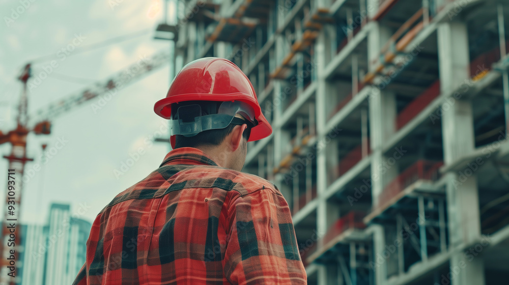 A worker wearing a helmet is involved in the construction industry, overseeing building construction. This image depicts a site supervisor, engineer, or general contractor at work A worker wearing a helmet is involved in the construction industry, overseeing building construction. This image depicts a site supervisor, engineer, or general contractor at work