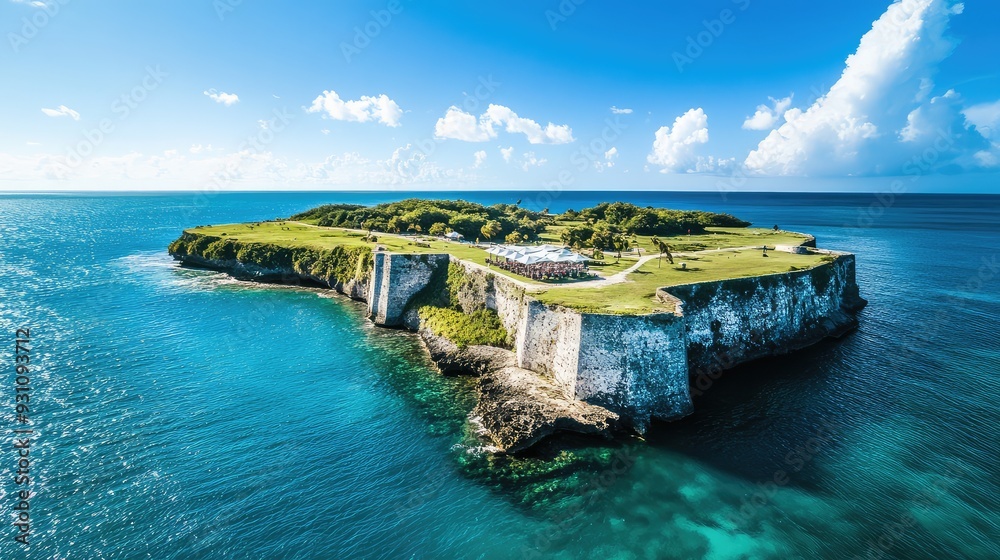 Obraz premium A serene island with a white-brick cafe, stone walls, and a vast ocean backdrop under a bright blue sky, captured from a drone perspective.