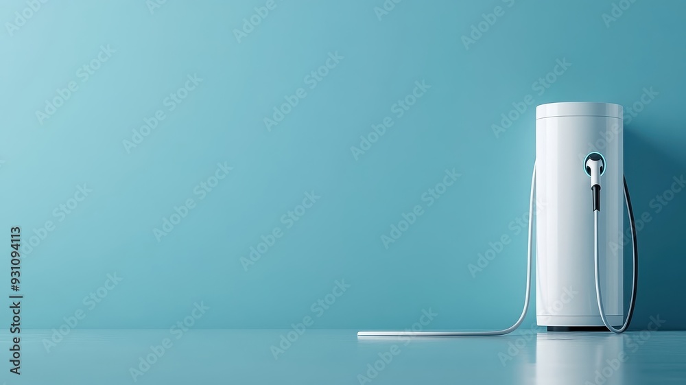 White charging cable plugged into wall-mounted station, minimalist composition. White charging cable plugged into wall-mounted station, minimalist composition.