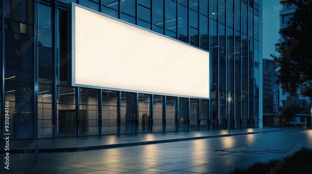 Office building billboard at night. Blank white advertising mockup for branding Office building billboard at night. Blank white advertising mockup for branding