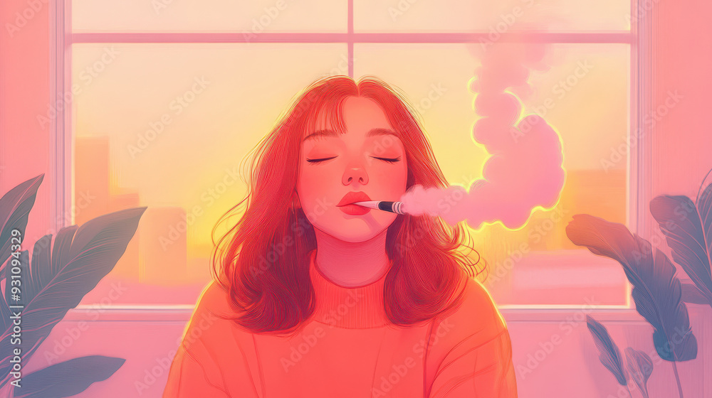 A serene woman enjoys a moment of tranquility while vaping, surrounded by soft colors and a warm sunset glow. A serene woman enjoys a moment of tranquility while vaping, surrounded by soft colors and a warm sunset glow.